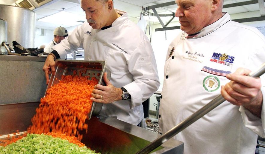 This Feb. 11, 2016, photo shows chefs Richard Younger, left, and Wolfgang Geckeler, who are part of a group of 50 area professional chefs that volunteer their time to prepare soup in the kitchen of the Atlantic City Rescue Mission. The chefs hope to reach a goal of preparing over 50,000 bowls of soup in 2016 for Bowls for Hearts and Souls program. (Viviana Pernot/The Press of Atlantic City via AP)