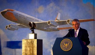 Former Secretary of Defense Chuck Hagel speaks at the 2013 Peace Through Strength Awards dinner at the Reagan Library. (erin a. kirk-cuomo)