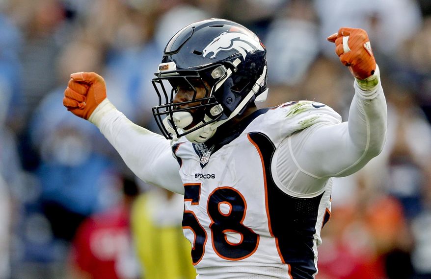 FILE - In this Sunday, Dec. 6, 2015, file photo, Denver Broncos outside linebacker Von Miller celebrates a sack against the San Diego Chargers during the second half of an NFL football game in San Diego. The NFL's salary cap for 2016 will be $155.27 million, an increase of nearly $12 million. Among the players whose contracts have expired and might wind up getting tagged are Super Bowl MVP Miller, and other All-Pros such as Carolina cornerback Josh Norman, Tampa Bay running back Doug Martin and Kansas City safety Eric Berry. (AP Photo/Gregory Bull, File)