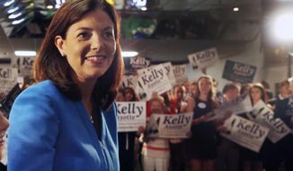 FILE - In this June 30, 2015, file photo U.S. Sen. Kelly Ayotte, R-N.H., announces her plans to seek a second term Manchester, N.H. Ayotte faces a tough re-election battle against Democratic Gov. Maggie Hassan in what will be one of the key races to determine control of the Senate. (AP Photo/Jim Cole, File)