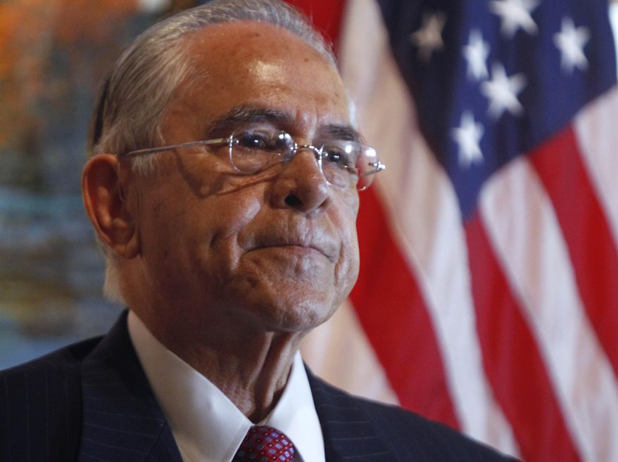 File -In this Nov. 13, 2016 file photo, U.S. Rep. Ruben Hinojosa, D-Texas, talks about his time in Washington during a news conference announcing his retirement, at Nuevo Santander Gallery in McAllen, Texas. Among six Democrats vying for the party nomination for his South Texas seat is Dolly Elizondo, who is trying to become the first Hispanic woman to represent Texas in Congress. (Nathan Lambrecht/The Monitor via AP, File) MAGS OUT; TV OUT; MANDATORY CREDIT
