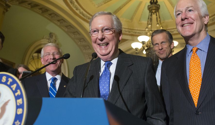 In this Tuesday, Feb. 23, 2016 photo, Senate Majority Leader Mitch McConnell, R-Ky., center, smiles and speaks to reporters as he is joined by, from right to left, Majority Whip John Cornyn, R-Texas, Sen. John Thune, R-S.D., and Sen. Roger Wicker, R-Miss., following a closed-door policy meeting on Capitol Hill in Washington. Before President Barack Obama has chosen a nominee, nearly all the Senate’s majority Republicans seem dug in against even meeting that person. (AP Photo/J. Scott Applewhite)