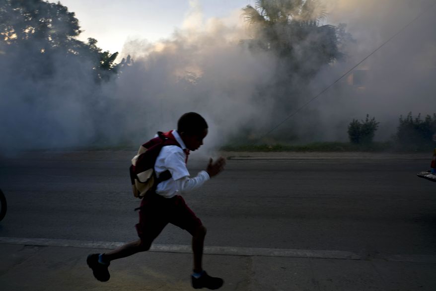 A student runs past fumigation fog, sprayed to kill Aedes Aegypti mosquitos, in Pinar del Rio, Cuba, Tuesday, March 1, 2016. Authorities are fumigating in an attempt to prevent the spread of Zika, Chikungunya and Dengue. (AP Photo/Ramon Espinosa)