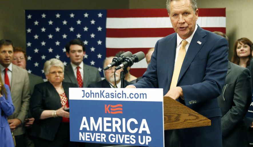 Republican presidential candidate Ohio Gov. John Kasich, speaks about his Super Tuesday primary results following  a Central Mississippi Republican Party fund raising dinner in Jackson, Miss., Tuesday, March 1, 2016. (AP Photo/Rogelio V. Solis)