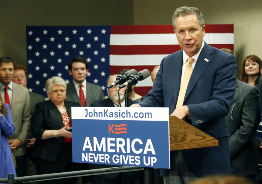 Republican presidential candidate Ohio Gov. John Kasich, speaks about his Super Tuesday primary results following  a Central Mississippi Republican Party fund raising dinner in Jackson, Miss., Tuesday, March 1, 2016. (AP Photo/Rogelio V. Solis)