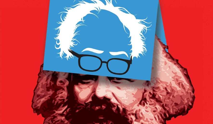 Illustration on the roots of Bernie Sanders' "Democratic Socialism" by Alexander Hunter/The Washington Times