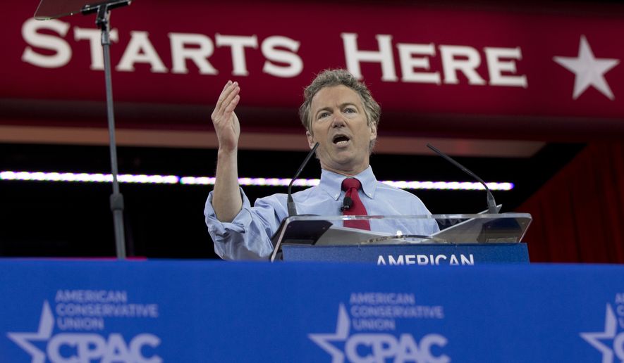Sen. Rand Paul, R-Ky., speaks during the Conservative Political Action Conference (CPAC) in National Harbor, Md., Friday, Feb. 27, 2015. (AP Photo/Carolyn Kaster) ** FILE **