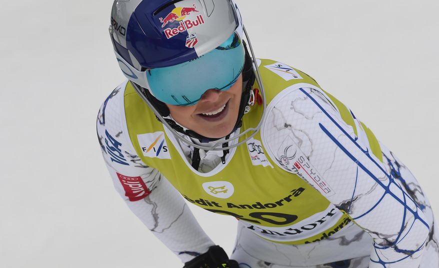 Lindsey Vonn, of the United States, reacts at finish line after an alpine ski, women&#39;s World Cup, combined race, in Soldeu, Andorra, Sunday, Feb. 28, 2016. (AP Photo/Pier Marco Tacca)