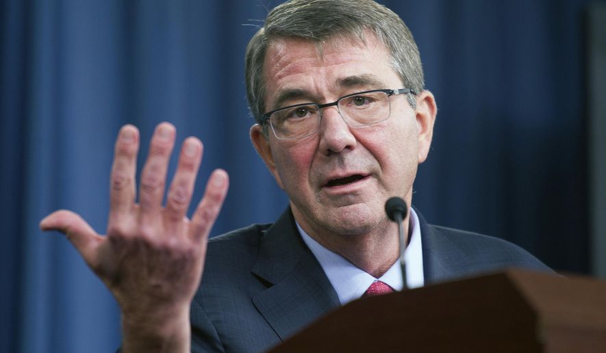 In this Jan. 28, 2016 file photo, Defense Secretary Ash Carter gestures during a news conference at the Pentagon. (AP Photo/Cliff Owen, File)