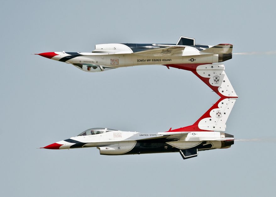 All eight current Thunderbird pilots are white males. Of the eight, six fly the demonstrations, one flies as the lead and narrator, and one is the operations officer. They fly on the team for two years, and three of the six demonstration fliers are replaced annually. (Associated Press)