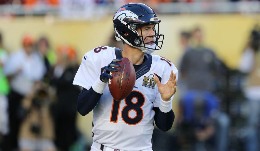 Denver Broncos’ Peyton Manning #18 in action against the Carolina Panthers during the NFL Super Bowl 50 football game Sunday, Feb. 7, 2016, in Santa Clara, Calif.  (AP Photo/Gregory Payan)