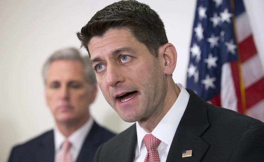 In this March 1, 2016, photo, House Speaker Paul Ryan of Wis., joined by House Majority Leader Kevin McCarthy of Calif., speaks at a news conference on Capitol Hill in Washington. Ryan promises a bold, election-year agenda of replacing the health care law and fighting poverty. Until then, it’s the BRICK Act. While GOP task forces are talking about national security, jobs and health care, the House floor has largely been turned over to the obscure and the arcane. Instead of wrapping up a typical day’s work at suppertime, early afternoon getaways are often the norm. And it could remain that way for much of the year.(AP Photo/J. Scott Applewhite)