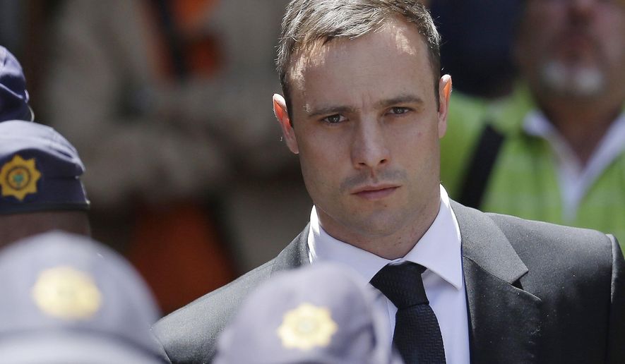 FILE - In this Friday, Oct. 17, 2014 file photo, Oscar Pistorius is escorted by police officers as he leaves the high court in Pretoria, South Africa. A lawyer for Oscar Pistorius says South Africa&#39;s highest court has dismissed the former track star&#39;s appeal of his murder conviction. The ruling by the Constitutional Court on Thursday March 3, 2016 clears the way for a judge to sentence Pistorius for murder at a hearing scheduled for April 18. (AP Photo/Themba Hadebe, File)