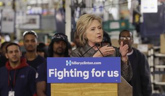 Democratic presidential candidate Hillary Clinton speaks at the Detroit Manufacturing Systems plant, Friday, March 4, 2016, in Detroit. (AP Photo/Carlos Osorio)