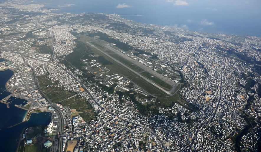 This aerial photo taken October 2015 shows U.S. Marine Air Station Futenma in Ginowan, Okinawa, southern Japan. (Kazuhiko Yamashita/Kyodo News via AP, File)