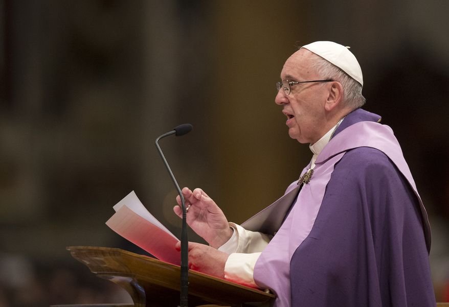 Pope Francis speaks as he leads a Penitential liturgy in St. Peter's Basilica at the Vatican, Friday, March 4, 2016. (AP Photo/Alessandra Tarantino)