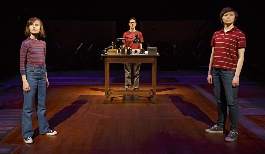 This photo provided by O&M Co shows Sydney Lucas as Small Alison, Beth Malone as Alison, and Emily Skeggs as Medium Alison in "Fun Home" at Circle in the Square Theatre in New York. The cast went to Spotify’s New York headquarters and performed new takes on their Tony Award-winning songs for Spotify Sessions, available online Friday. (Joan Marcus via AP, File)