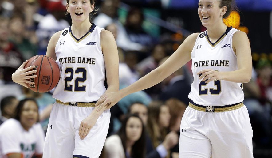 Notre Dame&#39;s Madison Cable (22) and Michaela Mabrey (23) celebrate during the second half of an NCAA college basketball game against Miami in the Atlantic Coast Conference tournament in Greensboro, N.C., Saturday, March 5, 2016. Notre Dame won 78-67. (AP Photo/Chuck Burton)
