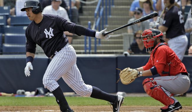 New York Yankees&#x27; Alex Rodriguez singles off Boston Red Sox starting pitcher Steven Wright during the first inning of a spring training baseball game Saturday, March 5, 2016, in Tampa, Fla. Catching for Boston is Sandy Leon. (AP Photo/Chris O&#x27;Meara)