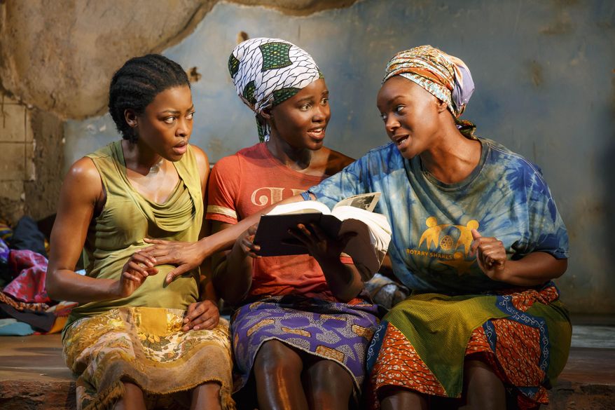 This photo provided by Joan Marcus shows from left, Pascale Armand, Lupita Nyong'o, and Saycon Sengbloh in a scene from Danai Gurira's "Eclipsed", directed by Liesl Tommy. (Joan Marcus via AP)