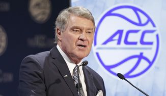Commissioner John Swofford speaks to the media during the Atlantic Coast Conference men&#39;s NCAA basketball media day in Charlotte, N.C., Wednesday, Oct. 28, 2015. (AP Photo/Chuck Burton)