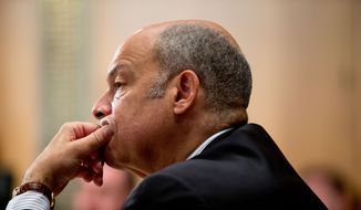 Secretary of Homeland Security Jeh Johnson pauses while testifying at a Senate Homeland Security &amp; Governmental Affairs Committee hearing on the FY2017 budget request on Capitol Hill in Washington, Tuesday, March 8, 2016. (AP Photo/Andrew Harnik)