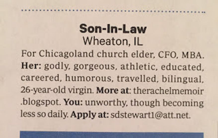 Christianity Today magazine has issued an apology after a father's classified ad for his 26-year-old "virgin" daughter ran in its March issue. (Christianity Today via therachelmemoir.blogspot.com)