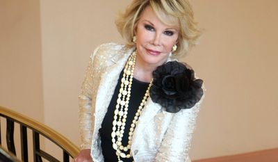 In this Oct. 5, 2009, photo, Joan Rivers poses as she presents &quot;Comedy Roast with Joan Rivers&quot; during the 25th MIPCOM (International Film and Programme Market for TV, Video, Cable and Satellite) in Cannes, southeastern France. Melissa Rivers announced Tuesday, March 8, 2016, that Christie’s will sell more than 200 items that belonged to the late entertainer, with some proceeds benefiting God’s Love We Deliver and Guide Dogs for the Blind. Joan Rivers died on Sept. 4, 2014. (AP Photo/Lionel Cironneau, File)