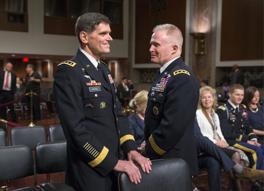 In this March 9, 2016, file photo, Gen. Joseph L. Votel (left), head of the Special Operations Command, has been nominated to become the commander of U.S. Central Command, which oversees military operations in Iraq and Syria against the Islamic State group. Lt. Gen. Raymond A. Thomas (right) has been nominated to lead the Special Operations Command. (Associated Press) ** FILE **