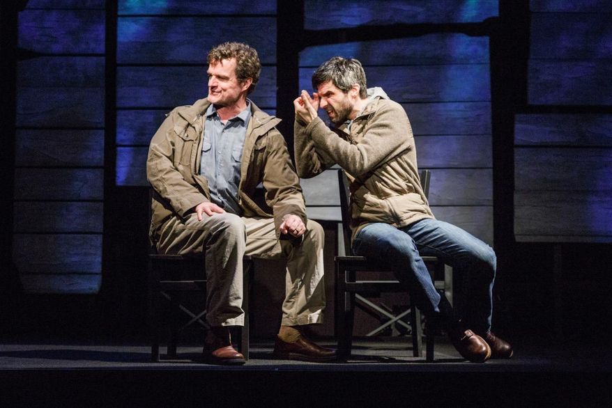 This image released by Keith Sherman & Associates shows Michael Cumpsty, left, and Michael Crane during a performance of the play, "The Body of an American." (James Leynse/Keith Sherman & Associates via AP)