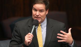 Florida state Sen. Aaron Bean, Fernandina Beach Republican, closes on his sponsored bill concerning religious freedom during session in Tallahassee on March 3, 2016. (Associated Press) **FILE**