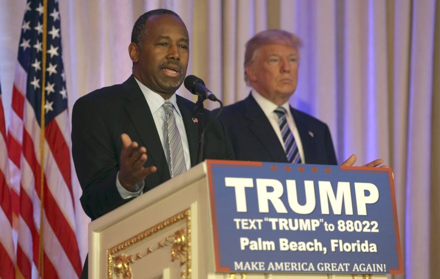 Former Republican presidential candidate Ben Carson speaks after announcing he will endorse Republican presidential candidate Donald Trump during a news conference at the Mar-A-Lago Club in Palm Beach, Fla., on March 11, 2016. (Associated Press) **FILE**