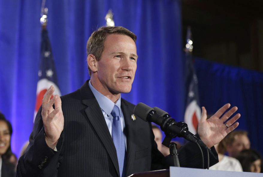 FILE - In this Nov. 4, 2014, file photo, Ohio Secretary of State Jon Husted speaks to supporters at an Ohio Republican Party celebration in Columbus, Ohio. A policy for Ohio's youngest voters is under dispute in the swing state, causing confusion and prompting two lawsuits days before the primary election. Ohio law allows 17-year-olds who will be 18 before the fall election to vote in next week's primary, with some exceptions. Young Ohio voters can decide on congressional, legislative and mayoral contenders but can't vote on tax levies, ballot issues or a political party's central committee candidates. (AP Photo/Tony Dejak, File)