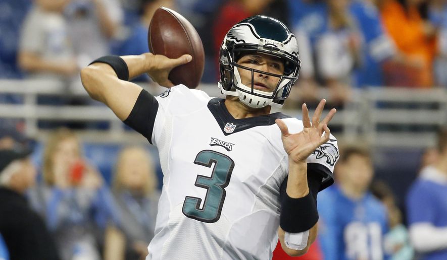 In this Nov. 26, 2015, file photo, Philadelphia Eagles quarterback Mark Sanchez passes during pre-game of an NFL football game against the Detroit Lions, in Detroit. The Broncos have acquired Mark Sanchez from Philadelphia, a move Denver general manager John Elway calls the first step toward replacing the retired Peyton Manning. (AP Photo/Paul Sancya) ** FILE **