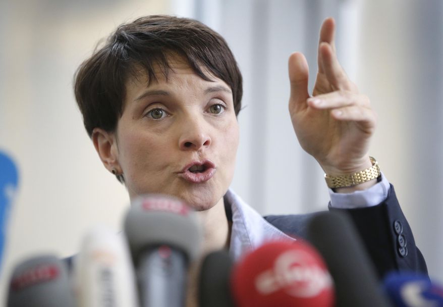 FILE - In this Feb. 22, 2016 file photo Frauke Petry, Chairwoman of the AfD, Alternative fuer Deutschland (Alternative for Germany), party addresses the media during a press conference in Berlin, Germany. The rising nationalist party, AfD, is expected to ride unease about Chancellor Angela Merkel’s migrant policy to perform strongly in three German state elections this weekend, the first significant political test since last year’s massive influx of people seeking safety and a better life. (AP Photo/Michael Sohn, file)