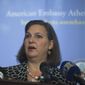 U.S. Assistant Secretary of State Victoria Nuland speaks during a news conference at the U.S. Embassy in Athens, on Friday, March 11, 2016. (AP Photo/Petros Giannakouris)