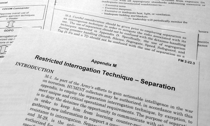 A portion of Appendix M from the Army Field Manuel is photographed in Washington, Friday, March 11, 2016. The little-known appendix to the Army Field Manual, the government rulebook for interrogations that bans the harsh practices used after the Sept. 11 attacks, still allows sleep deprivation and other sensory techniques that some say amount to a loophole to the U.S. ban on torture. (AP Photo/Susan Walsh)