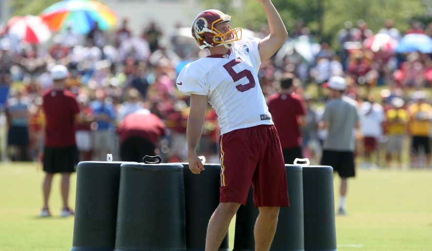 FILE - In this Aug. 1, 2015 file photo, Washington Redskins punter Tress Way practices kicking during the teams NFL football training camp in Richmond, Va. The Washington Redskins have signed Way to a five-year contract extension. Way has been the Redskins’ punter since winning the job before the 2014 season. He was an exclusive rights free agent. The 25-year-old lefty out of Oklahoma averaged 46.1 yards and 39.8 net yards on his 70 punts last season. (AP Photo/Jason Hirschfeld, File)