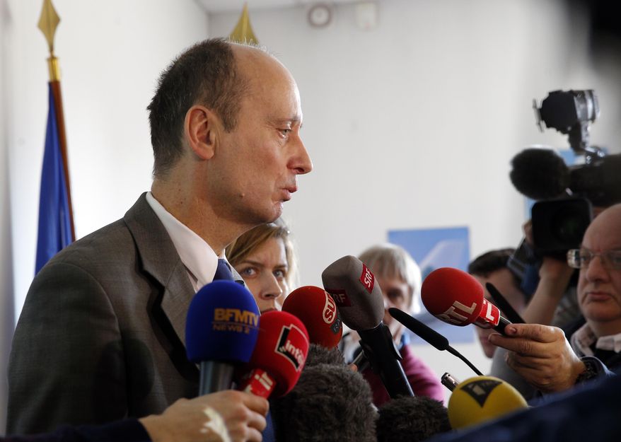 Remi Jouty, director of BEA, the French Air Accident Investigation Agency, speaks to journalists during a press conference at Le Bourget airport, north of Paris, Sunday, March 13, 2016. Germanwings co-pilot Andreas Lubitz had been treated for depression in the past, and the investigation found that he had consulted dozens of doctors in the weeks before he deliberately crashed a jet into the French Alps on March 24, 2015, killing all 150 people on board. (AP Photo/Christophe Ena)