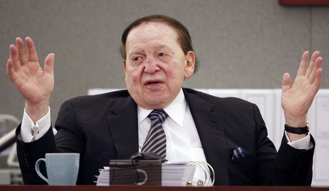In this May 5, 2015, file photo, Las Vegas Sands Corp. Chairman and CEO Sheldon Adelson testifies in court in Las Vegas. (AP Photo/John Locher) ** FILE **