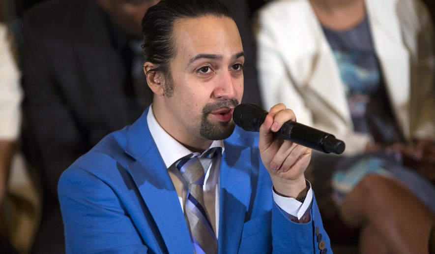 Actor Lin-Manuel Miranda speaks during an event with the cast of the Broadway play "Hamilton" in the East Room of the White House, on Monday, March 14, 2016, in Washington. (AP Photo/Evan Vucci)