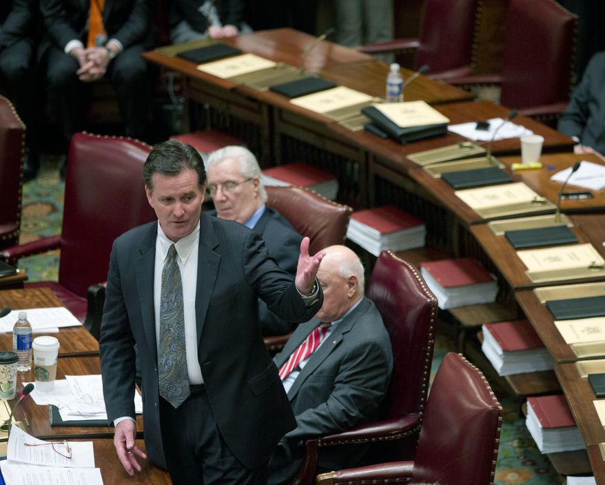 Senate Majority Leader John Flanagan, R-Smithtown, speaks in the Senate Chamber at the Capitol on Monday, March 14, 2016, in Albany, N.Y. (AP Photo/Mike Groll)
