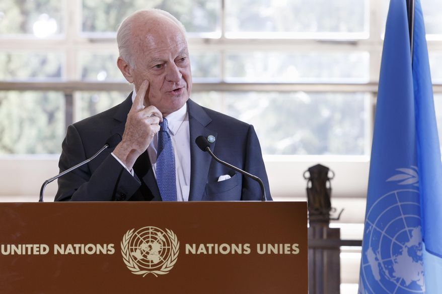 UN Special Envoy of the Secretary-General for Syria Staffan de Mistura briefs the media after a round of negotiations between the Syrian government and U.N., at the European headquarters of the United Nations in Geneva, Switzerland, Monday, March 14, 2016. (Salvatore Di Nolfi/Keystone via AP)