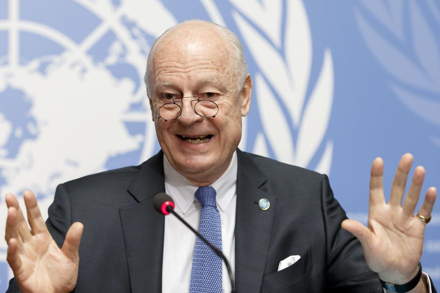 UN Special Envoy of the Secretary-General for Syria, Staffan de Mistura , informs the media at the European headquarters of the United Nations in Geneva, Switzerland, Monday, March 14, 2016. Mistura calls peace talks "a moment of truth," says the "only Plan B available is return to war." Steffan de Mistura spoke to reporters just moments before resuming "proximity talks" in Geneva slightly over a month after suspending them in an upsurge in violence in Syria. (Salvatore Di Nolfi/Keystone via AP)