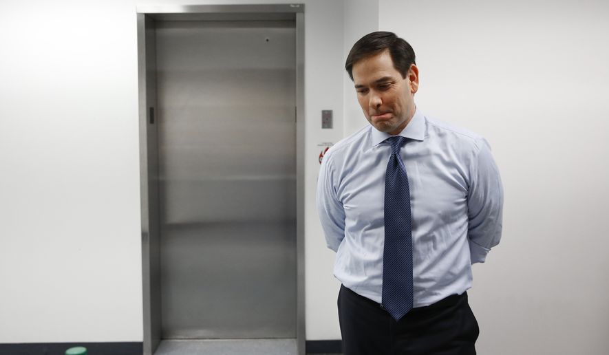 Sen. Marco Rubio, Florida Republican and 2016 presidential candidate, waits to speak during a campaign rally at Palm Beach Atlantic University in West Palm Beach on March 14, 2016. (Associated Press) **FILE**
