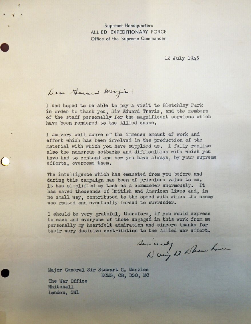 A personal letter from former US President Dwight D Eisenhower is displayed at Bletchley Park in Bletchley, England, Tuesday, March 15, 2016. The secret letter which confirmed the importance of Bletchley Park's World War Two intelligence operation is coming out of the shadows to go on public display for the first time, at Bletchley Park. The personal 'thank you' letter from Dwight D Eisenhower at the end of WWII to Sir Stewart Menzies, wartime chief of the Secret Intelligence Service, spent several years hanging on the wall of the top secret office of the Chief of MI6.(AP Photo/Frank Augstein)