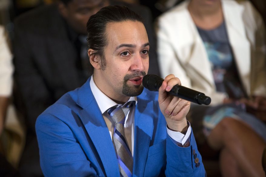 In this March 14, 2016 photo, actor Lin-Manuel Miranda speaks during an event with the cast of the Broadway play "Hamilton" in the East Room of the White House in Washington. (AP Photo/Evan Vucci)