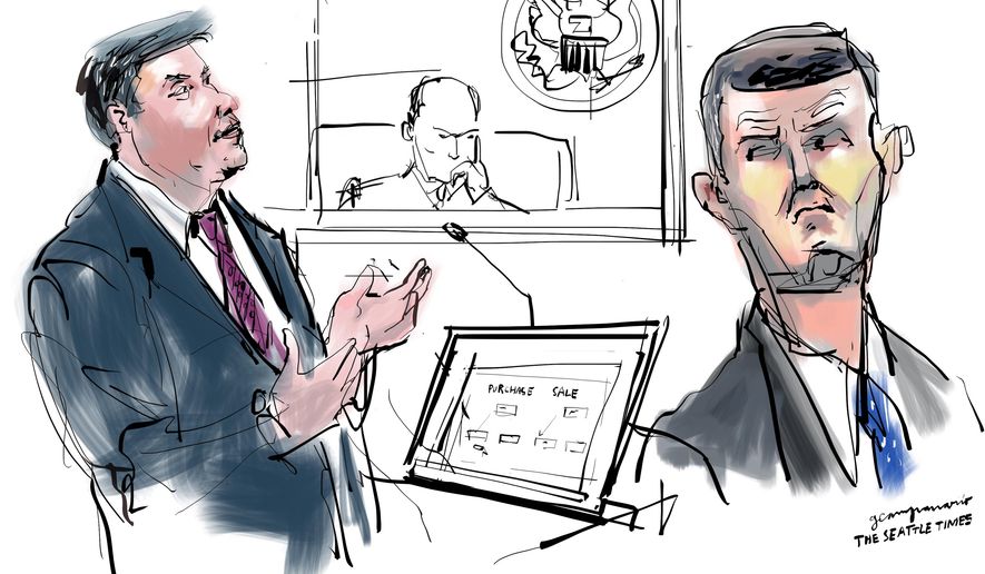 In this courtroom sketch, a prosecutor addresses the jury in the trial of indicted Washington State Auditor Troy Kelley, right, Tuesday, March 15, 2016, in Tacoma, Wash. A lawyer for Kelley is telling jurors her client didn't steal money from anybody or cheat on his taxes. (Gabriel CampanarioThe Seattle Times via AP) SEATTLE OUT; USA TODAY OUT; MAGS OUT; TELEVISION OUT; NO SALES; MANDATORY CREDIT TO BOTH THE SEATTLE TIMES AND THE PHOTOGRAPHER