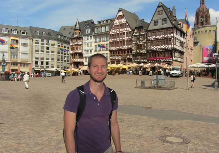 In this undated photo released by Carolyn Novak, Matthew Novak, 31, a native of Kansas City, Missouri poses for a photo. Mr. Novak was stopped Saturday at Abu Dhabi International Airport during a layover while traveling from Thailand to Egypt, his mother said. (Carolyn Novak via AP)