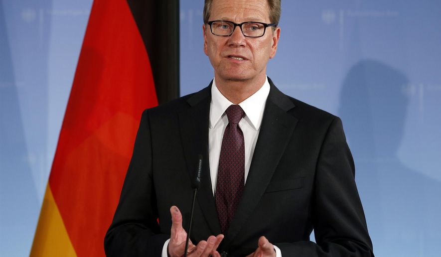 FILE - In this April 8, 2013 file photo then German Foreign Minister Guido Westerwelle, speaks during a joint press conference at the Foreign Office in Berlin, Germany. His foundation confirmed Friday, March 18, 2016 that Westerwelle has died. He was 54. (AP Photo/Michael Sohn)